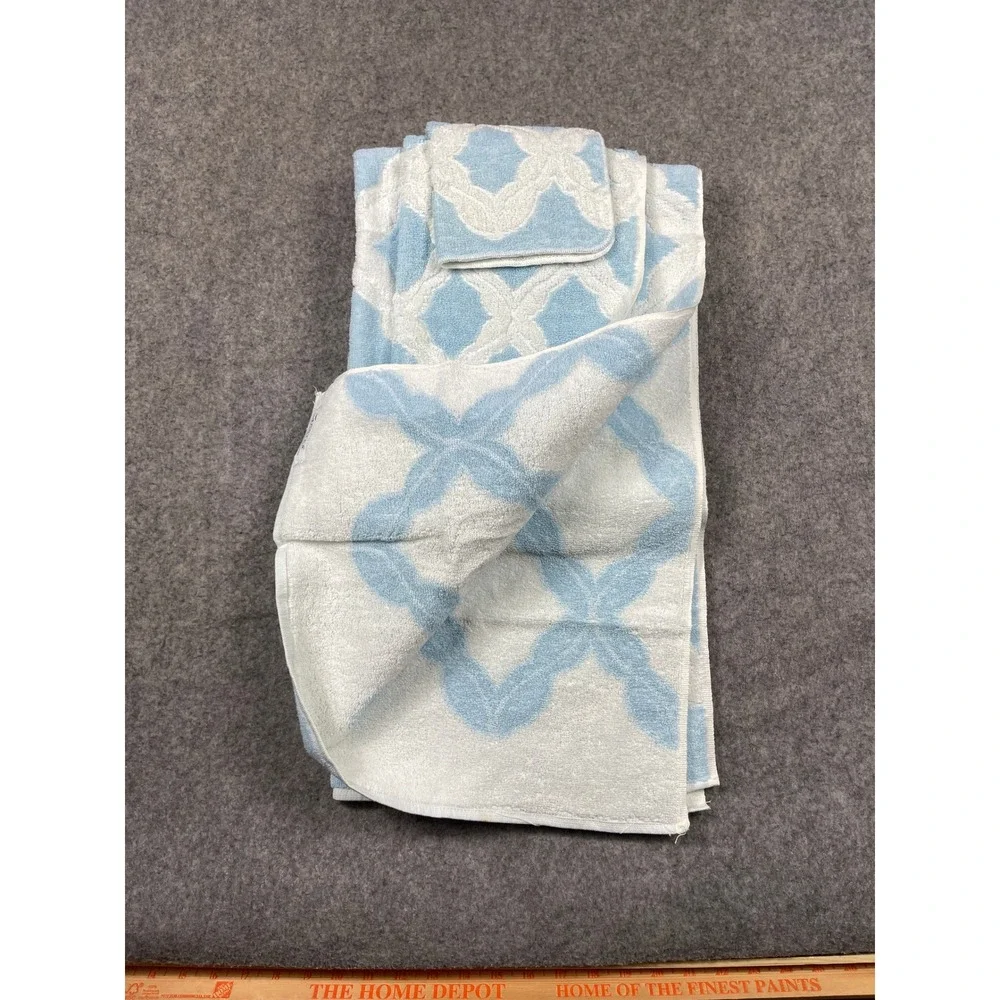 Vintage Martex Blue White Trellis Towel Set 3pc MCM Cotton Made in USA 6638